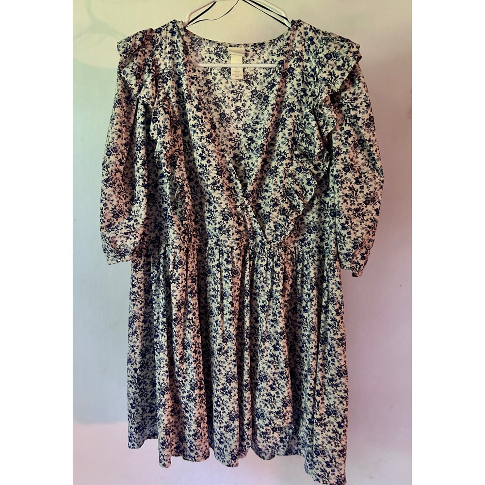 HM Blue White Floral Ruffle V-Neck‎ Puff Sleeve Cotton Mini Dress Womens Large
